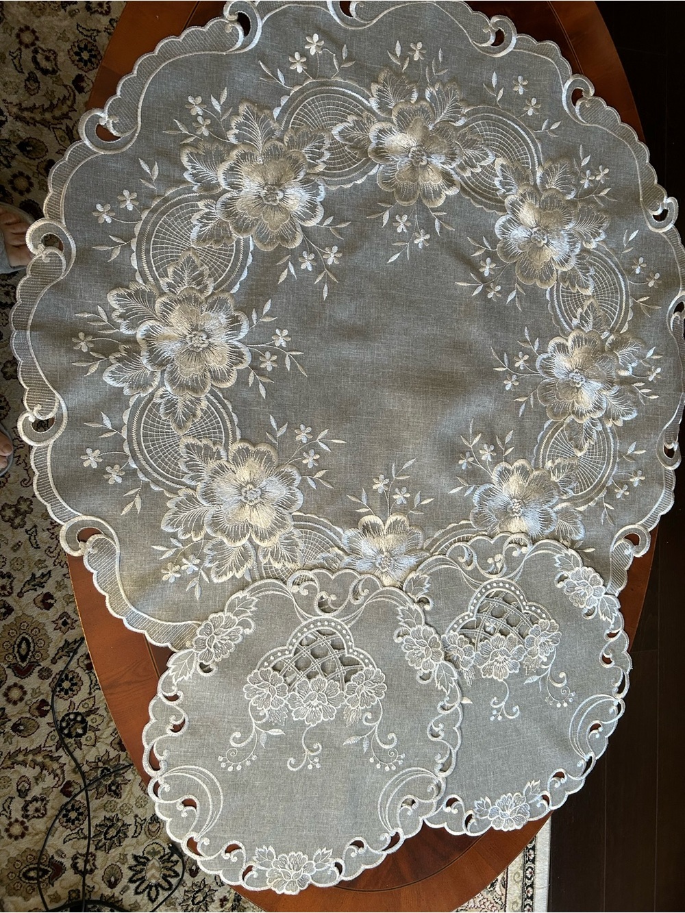 Embroidered Lace Round Tablecloth and Placemats Set in White